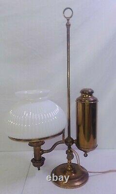 Antique Brass Oil Student Desk Lamp Kleemann Burner Milk Glass Electrified