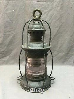 Antique Brass Porch Light Lantern Fixture Amethyst Glass Shade Old Vtg 294-19E