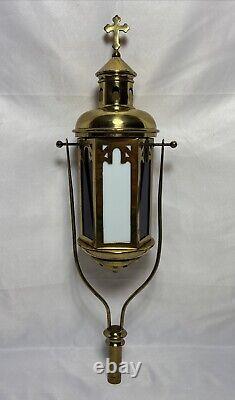 Antique Brass & Stained Glass Processional Candle Lantern Pole Mount Cross 25.5