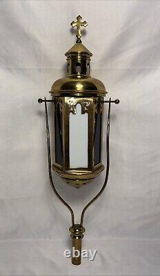Antique Brass & Stained Glass Processional Candle Lantern Pole Mount Cross 25.5