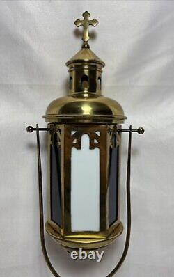 Antique Brass & Stained Glass Processional Candle Lantern Pole Mount Cross 25.5