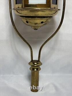 Antique Brass & Stained Glass Processional Candle Lantern Pole Mount Cross 25.5