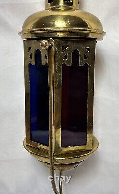 Antique Brass & Stained Glass Processional Candle Lantern Pole Mount Cross 25.5