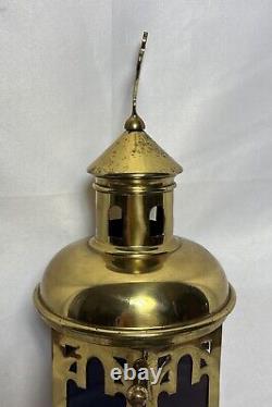 Antique Brass & Stained Glass Processional Candle Lantern Pole Mount Cross 25.5