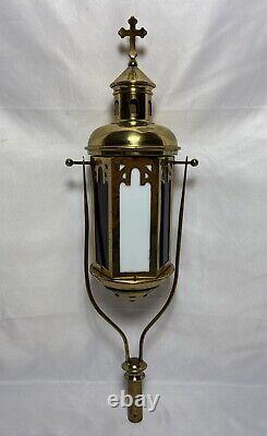 Antique Brass & Stained Glass Processional Candle Lantern Pole Mount Cross 25.5