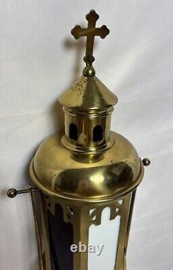 Antique Brass & Stained Glass Processional Candle Lantern Pole Mount Cross 25.5
