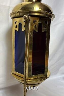 Antique Brass & Stained Glass Processional Candle Lantern Pole Mount Cross 25.5