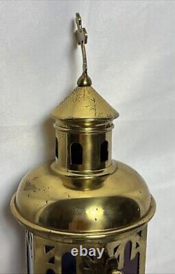 Antique Brass & Stained Glass Processional Candle Lantern Pole Mount Cross 25.5