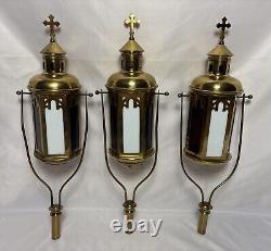 Antique Brass & Stained Glass Processional Candle Lantern Pole Mount Cross 25.5
