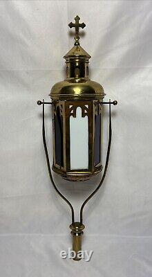 Antique Brass Stained Glass Processional Candle Lantern Pole Mount Cross 25.5 A