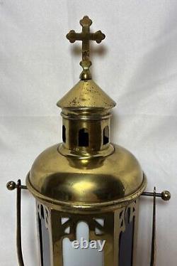 Antique Brass Stained Glass Processional Candle Lantern Pole Mount Cross 25.5 A