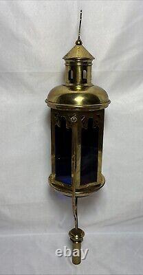 Antique Brass Stained Glass Processional Candle Lantern Pole Mount Cross 25.5 A