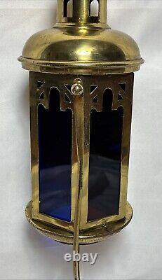 Antique Brass Stained Glass Processional Candle Lantern Pole Mount Cross 25.5 A
