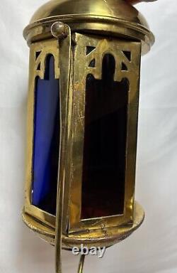 Antique Brass Stained Glass Processional Candle Lantern Pole Mount Cross 25.5 A
