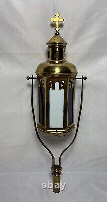 Antique Brass Stained Glass Processional Candle Lantern Pole Mount Cross 25.5 A