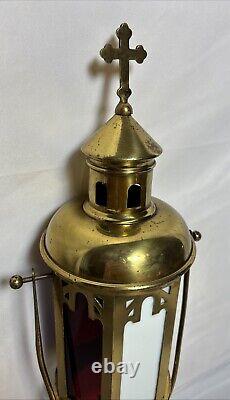 Antique Brass Stained Glass Processional Candle Lantern Pole Mount Cross 25.5 A