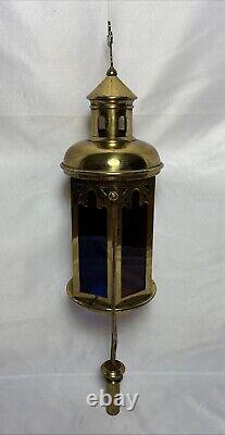 Antique Brass Stained Glass Processional Candle Lantern Pole Mount Cross 25.5 A