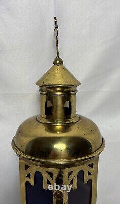 Antique Brass Stained Glass Processional Candle Lantern Pole Mount Cross 25.5 A
