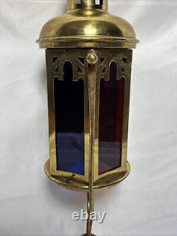 Antique Brass Stained Glass Processional Candle Lantern Pole Mount Cross 25.5 A