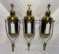 Antique Brass Stained Glass Processional Candle Lantern Pole Mount Cross 25.5 A