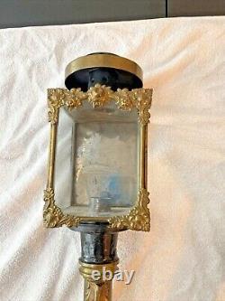 Antique Brass and Metal Coach Lamps or Lanterns With Etched Derby Crown Glass