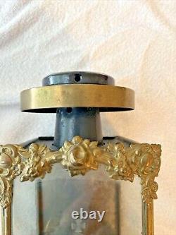 Antique Brass and Metal Coach Lamps or Lanterns With Etched Derby Crown Glass