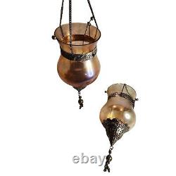 Antique Bronze & Glass Hanging Lanterns With Filigree Detailing