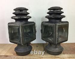 Antique C. M. Hall Carriage Lantern Light Lamp Right And Left Set Beveled Glass