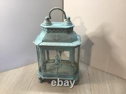 Antique Candle Lantern 8 sided Very Ornate w Cast Iron Feet 13 tall