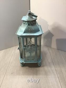 Antique Candle Lantern 8 sided Very Ornate w Cast Iron Feet 13 tall