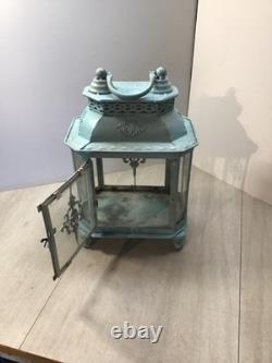 Antique Candle Lantern 8 sided Very Ornate w Cast Iron Feet 13 tall