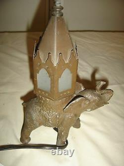 Antique Cast Iron Elephant Lamp withTin Shade withFrosted Glass Original paint #9782
