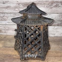 Antique Cast Iron Japanese Asian Pagoda Garden Candle Lantern Vintage Black