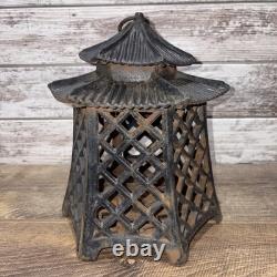 Antique Cast Iron Japanese Asian Pagoda Garden Candle Lantern Vintage Black