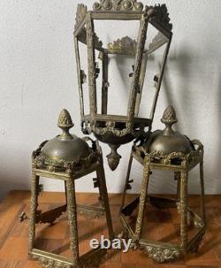 Antique Chandelier Lantern Lot 19h C. Brass Oil Lamp Candle Pineapple Finial