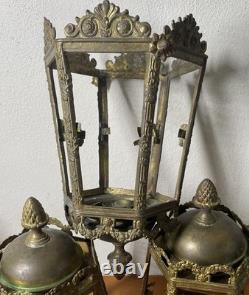 Antique Chandelier Lantern Lot 19h C. Brass Oil Lamp Candle Pineapple Finial