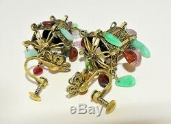 Antique Chinese Gold Gilt Silver Jade Pink Tourmaline Lantern Floral Earrings