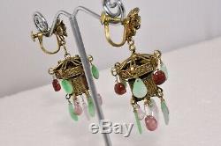 Antique Chinese Gold Gilt Silver Jade Pink Tourmaline Lantern Floral Earrings