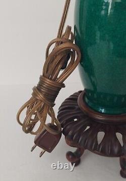 Antique Chinese Green Glazed Porcelain Lamp withCarved Wooden Base 19th Century