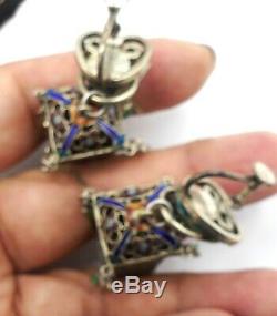 Antique Chinese gold gilt silver filigree & jade tourmaline lantern earrings scr