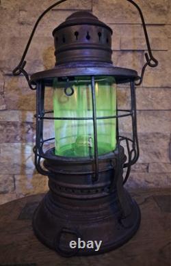 Antique City Metal Dark Lantern with Green Glowing Globe