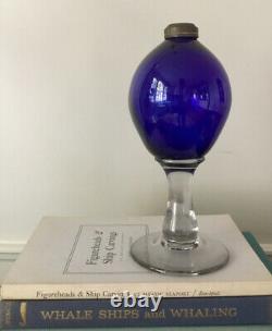 Antique Cobalt Blue Glass Font Clear Stem Pontiled Oil Lamp