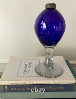 Antique Cobalt Blue Glass Font Clear Stem Pontiled Oil Lamp