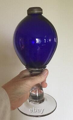 Antique Cobalt Blue Glass Font Clear Stem Pontiled Oil Lamp