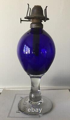 Antique Cobalt Blue Glass Font Clear Stem Pontiled Oil Lamp