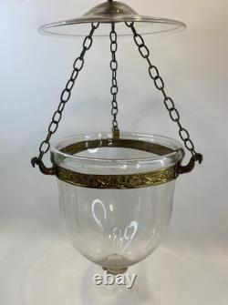 Antique Colonial Hundi Bell Jar Hanging Brass & Clear Blown Glass Lantern 20