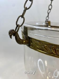 Antique Colonial Hundi Bell Jar Hanging Brass & Clear Blown Glass Lantern 20