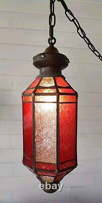 Antique Copper Lantern Pendant Light With Red & Clear Ornate Glass Panels