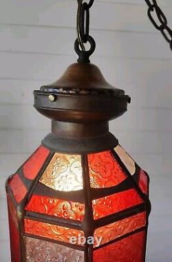 Antique Copper Lantern Pendant Light With Red & Clear Ornate Glass Panels