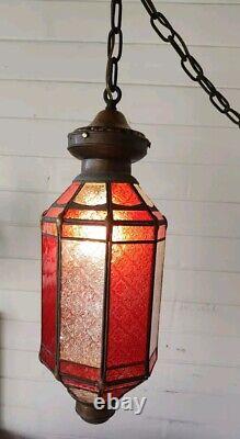 Antique Copper Lantern Pendant Light With Red & Clear Ornate Glass Panels